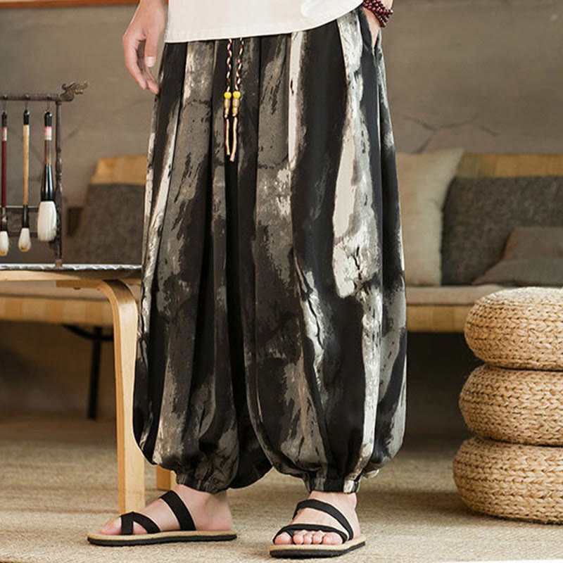 Pantaloni harem da uomo in lino e cotone intrecciato con coulisse, con tasche, motivo Buddha Stones, inchiostro bianco e nero sfumato