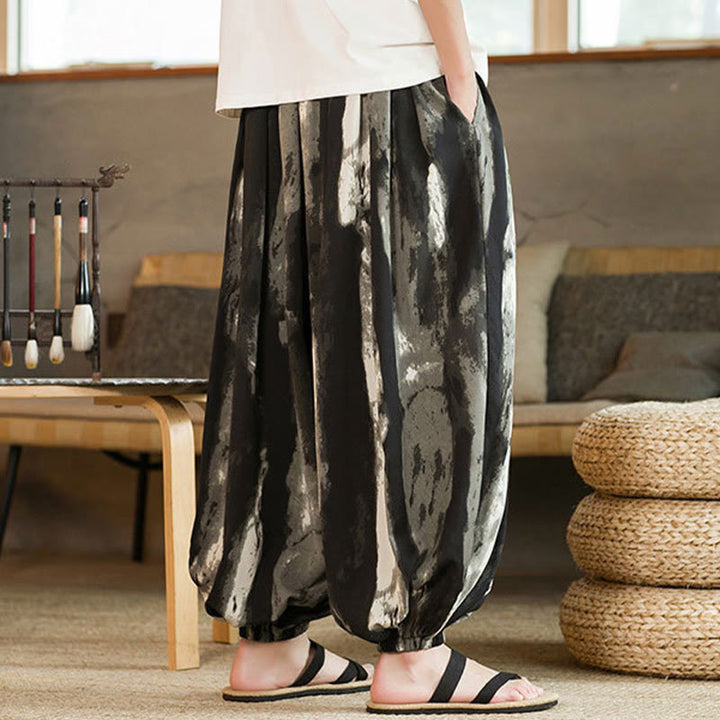 Pantaloni harem da uomo in lino e cotone intrecciato con coulisse, con tasche, motivo Buddha Stones, inchiostro bianco e nero sfumato