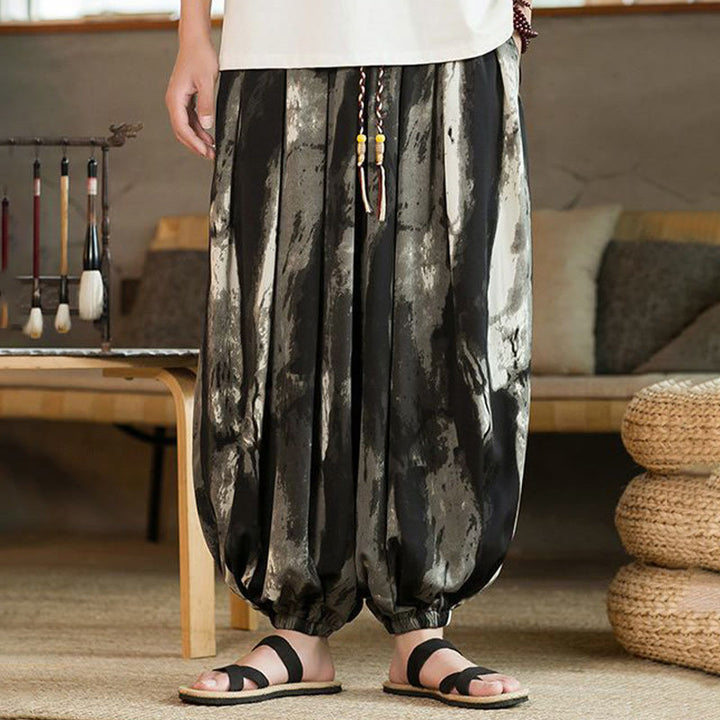 Pantaloni harem da uomo in lino e cotone intrecciato con coulisse, con tasche, motivo Buddha Stones, inchiostro bianco e nero sfumato