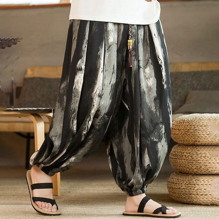 Pantaloni harem da uomo in lino e cotone intrecciato con coulisse, con tasche, motivo Buddha Stones, inchiostro bianco e nero sfumato