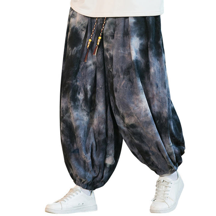 Pantaloni harem da uomo in velluto a coste intrecciato con coulisse e tasche, con inchiostro tie-dye Buddha Stones