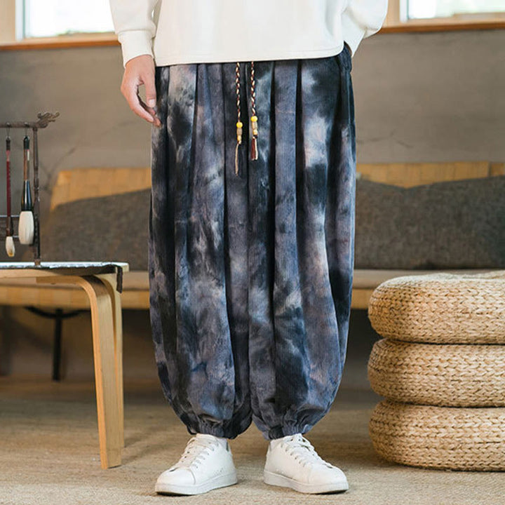 Pantaloni harem da uomo in velluto a coste intrecciato con coulisse e tasche, con inchiostro tie-dye Buddha Stones