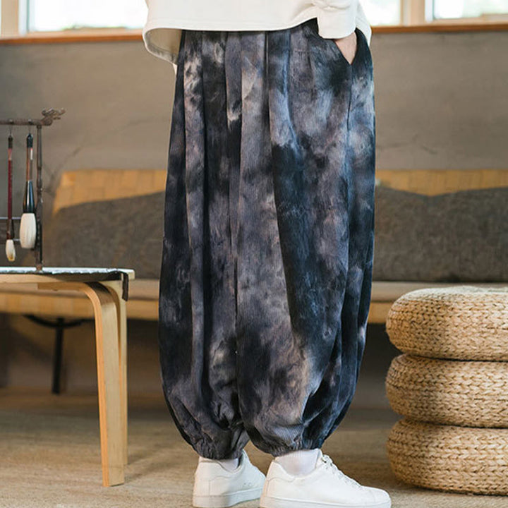 Pantaloni harem da uomo in velluto a coste intrecciato con coulisse e tasche, con inchiostro tie-dye Buddha Stones