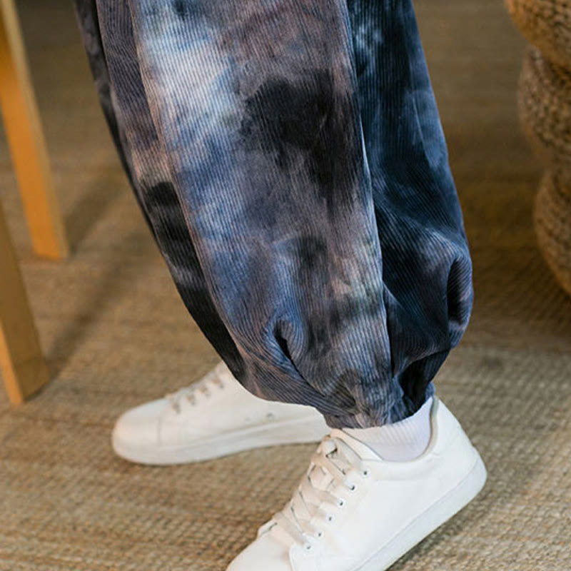 Pantaloni harem da uomo in velluto a coste intrecciato con coulisse e tasche, con inchiostro tie-dye Buddha Stones