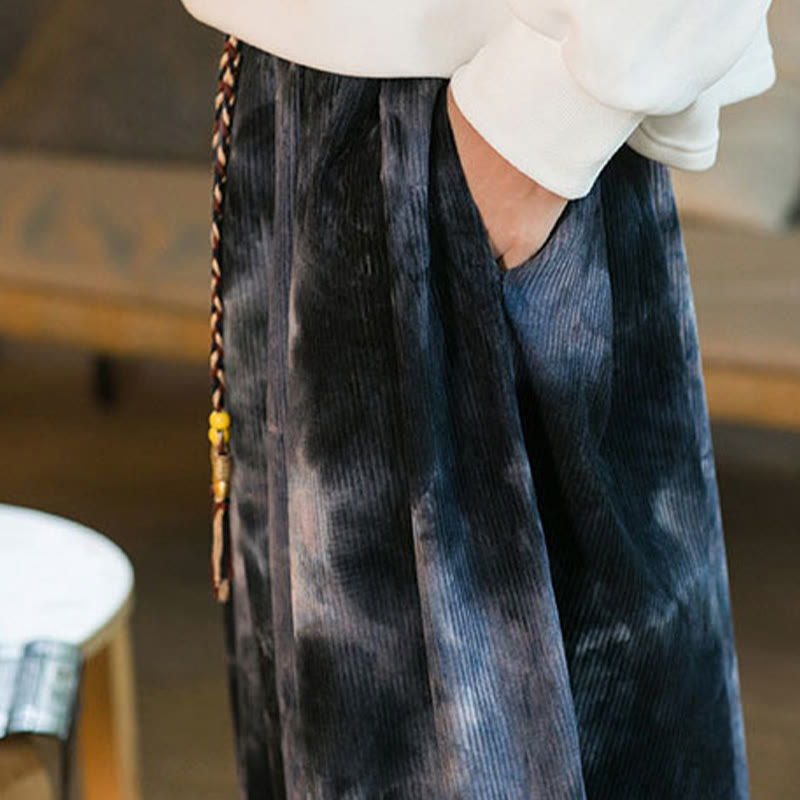 Pantaloni harem da uomo in velluto a coste intrecciato con coulisse e tasche, con inchiostro tie-dye Buddha Stones