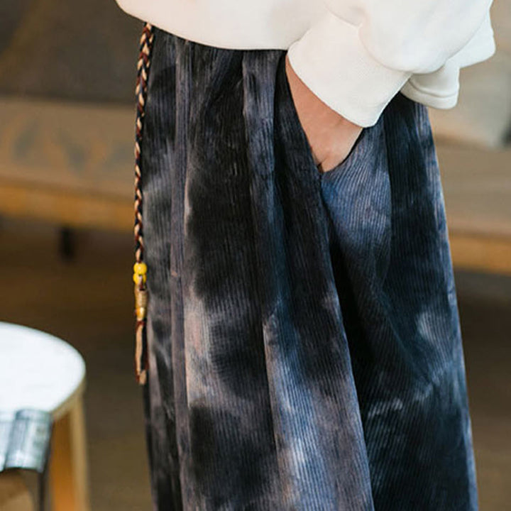 Pantaloni harem da uomo in velluto a coste intrecciato con coulisse e tasche, con inchiostro tie-dye Buddha Stones