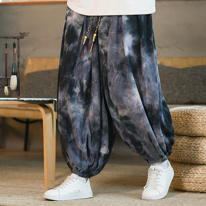 Pantaloni harem da uomo in velluto a coste intrecciato con coulisse e tasche, con inchiostro tie-dye Buddha Stones