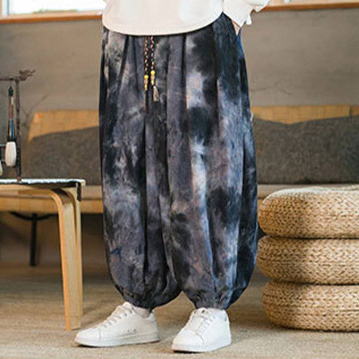 Pantaloni harem da uomo in velluto a coste intrecciato con coulisse e tasche, con inchiostro tie-dye Buddha Stones