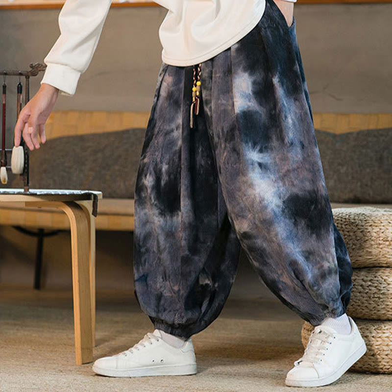 Pantaloni harem da uomo in velluto a coste intrecciato con coulisse e tasche, con inchiostro tie-dye Buddha Stones