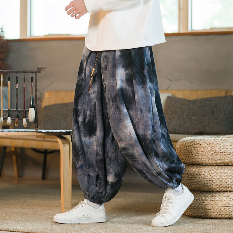 Pantaloni harem da uomo in velluto a coste intrecciato con coulisse e tasche, con inchiostro tie-dye Buddha Stones