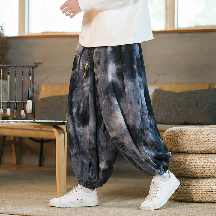 Pantaloni harem da uomo in velluto a coste intrecciato con coulisse e tasche, con inchiostro tie-dye Buddha Stones