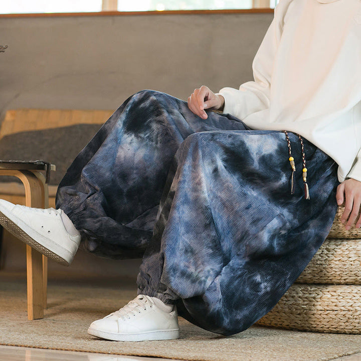 Pantaloni harem da uomo in velluto a coste intrecciato con coulisse e tasche, con inchiostro tie-dye Buddha Stones
