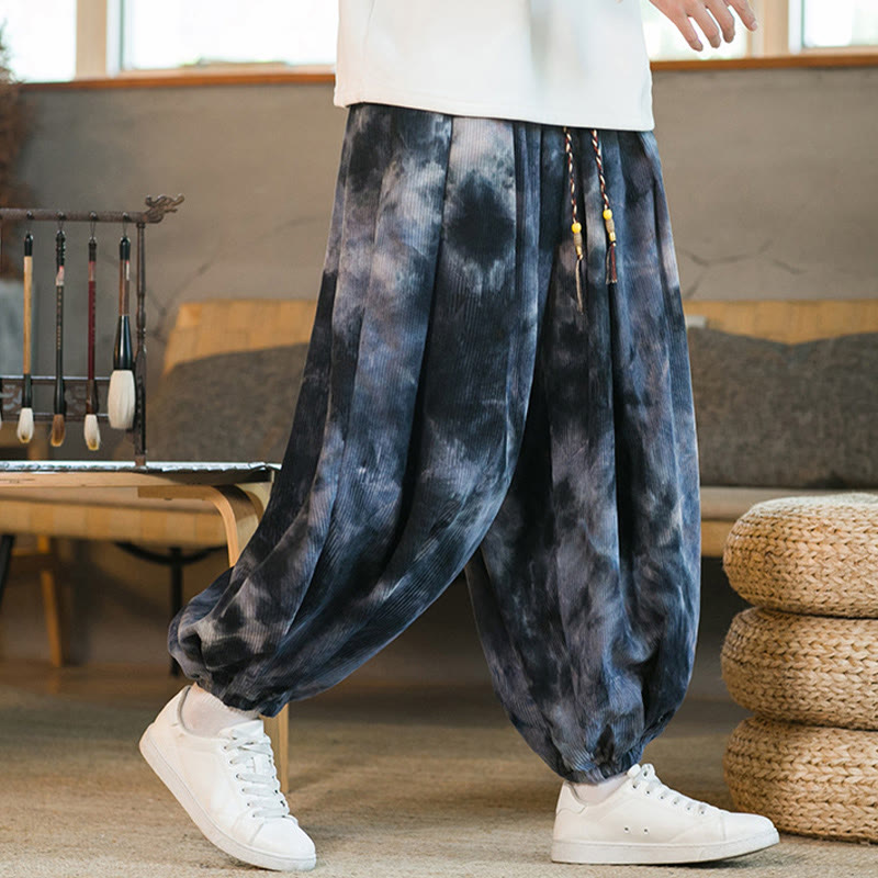 Pantaloni harem da uomo in velluto a coste intrecciato con coulisse e tasche, con inchiostro tie-dye Buddha Stones