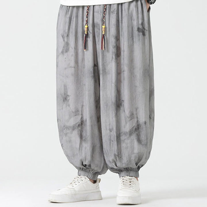 Pantaloni da uomo in lino con coulisse intrecciata, motivo floreale Buddha Stones e tasche
