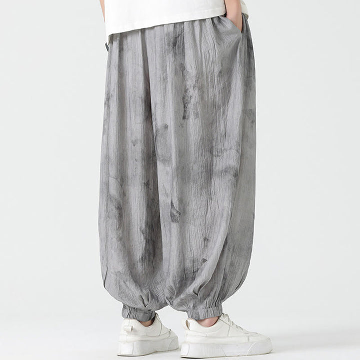 Pantaloni da uomo in lino con coulisse intrecciata, motivo floreale Buddha Stones e tasche - image 3