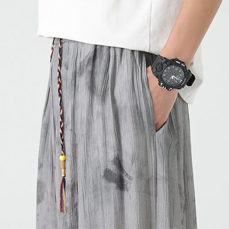 Pantaloni da uomo in lino con coulisse intrecciata, motivo floreale Buddha Stones e tasche