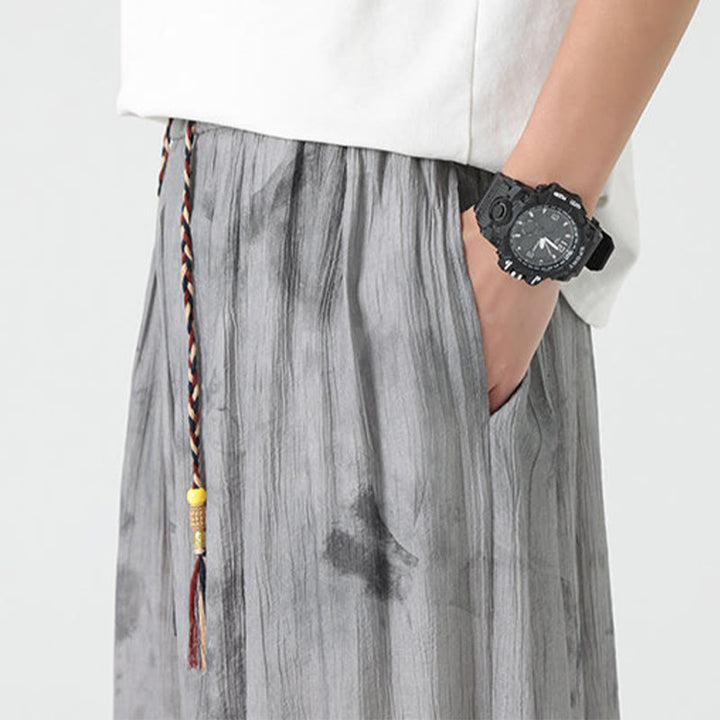 Pantaloni da uomo in lino con coulisse intrecciata, motivo floreale Buddha Stones e tasche