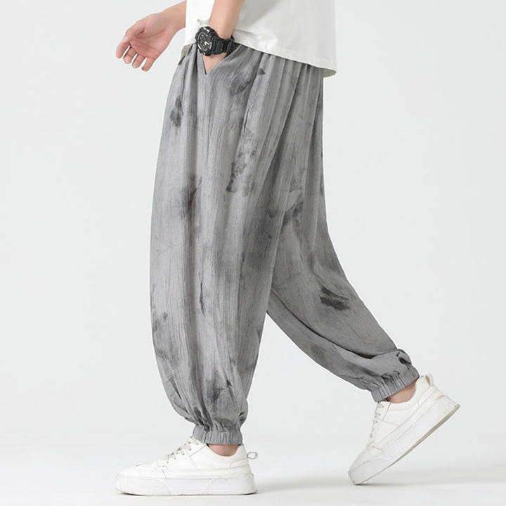 Pantaloni da uomo in lino con coulisse intrecciata, motivo floreale Buddha Stones e tasche