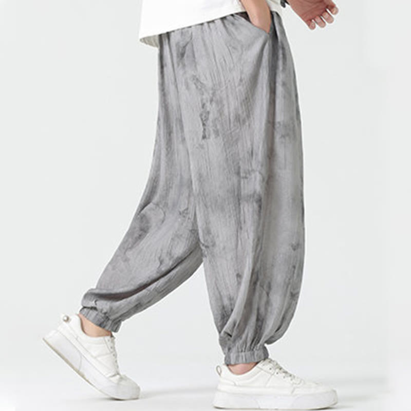 Pantaloni da uomo in lino con coulisse intrecciata, motivo floreale Buddha Stones e tasche