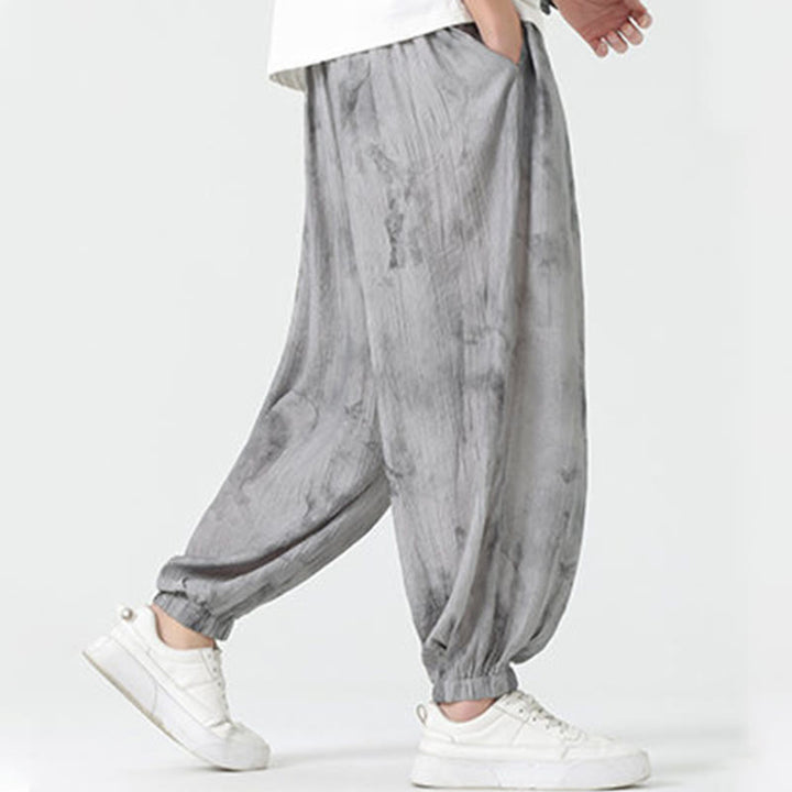 Pantaloni da uomo in lino con coulisse intrecciata, motivo floreale Buddha Stones e tasche