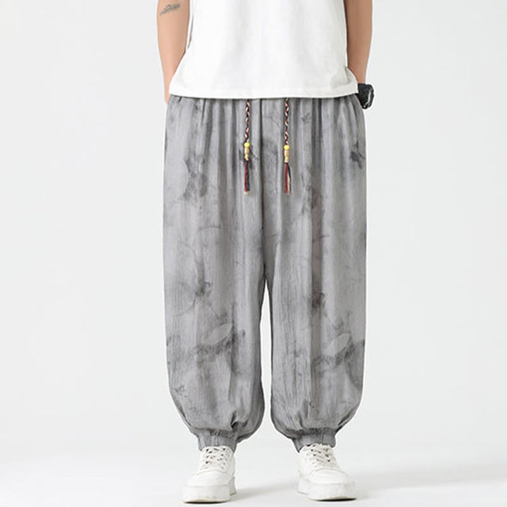 Pantaloni da uomo in lino con coulisse intrecciata, motivo floreale Buddha Stones e tasche