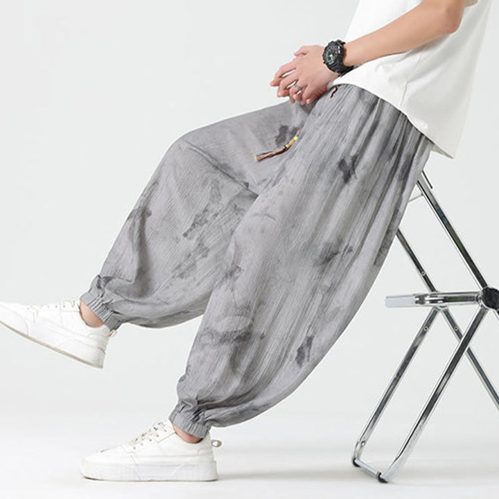 Pantaloni da uomo in lino con coulisse intrecciata, motivo floreale Buddha Stones e tasche - image 9