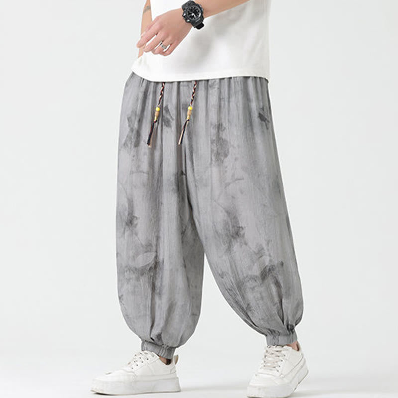 Pantaloni da uomo in lino con coulisse intrecciata, motivo floreale Buddha Stones e tasche - image 6