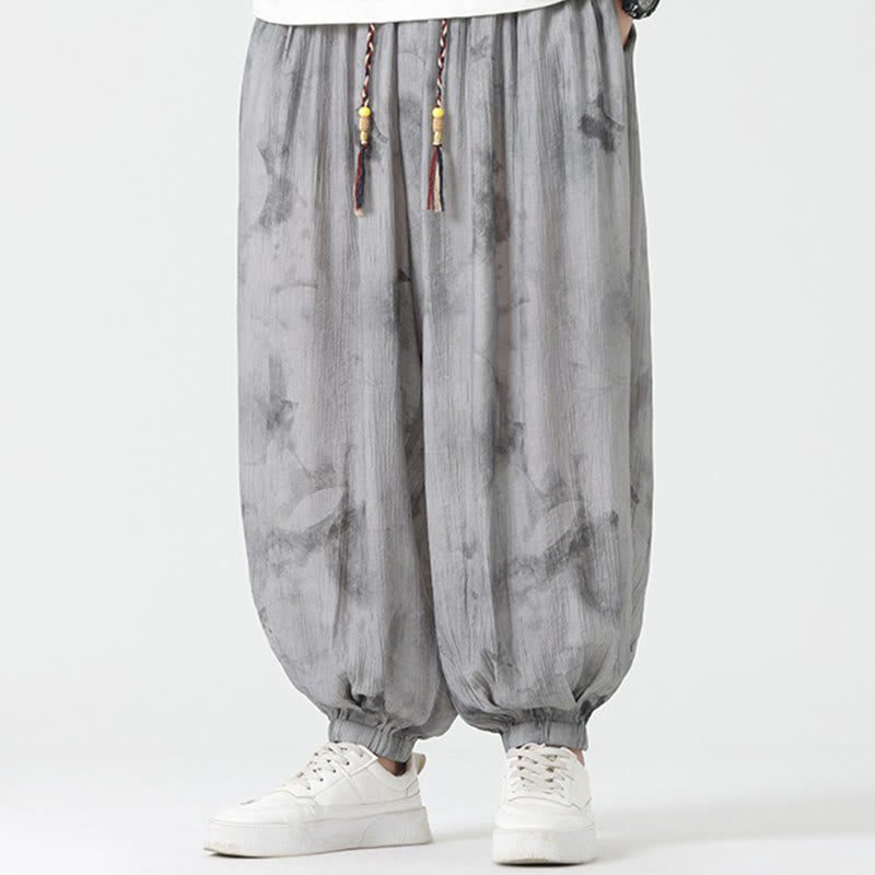 Pantaloni da uomo in lino con coulisse intrecciata, motivo floreale Buddha Stones e tasche - Grigio scuro - US/UK/AU46, EU56 (5XL)  - image 0