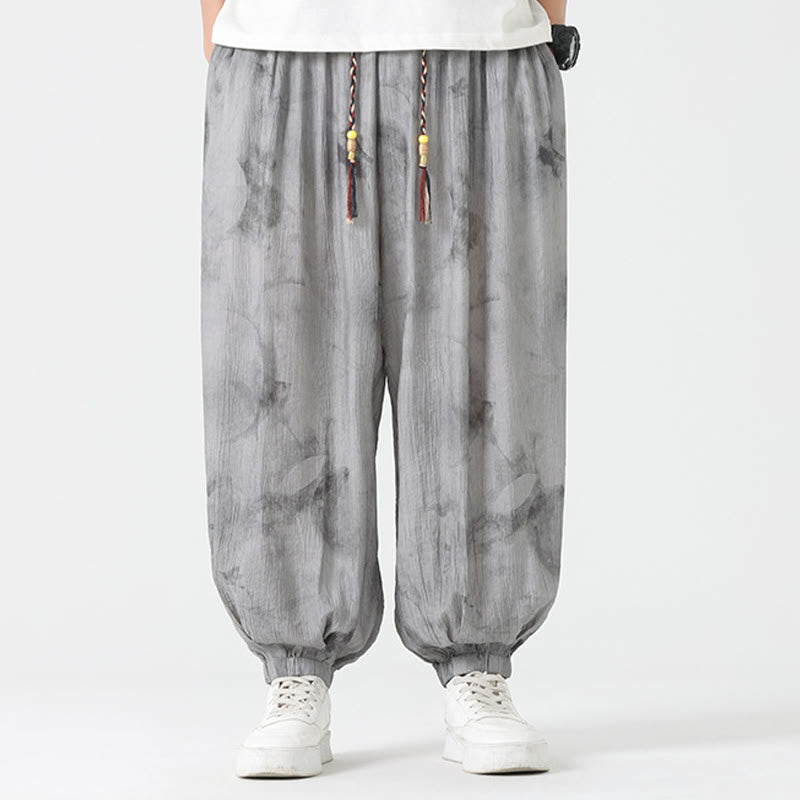 Pantaloni da uomo in lino con coulisse intrecciata, motivo floreale Buddha Stones e tasche - image 2