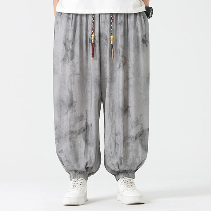 Pantaloni da uomo in lino con coulisse intrecciata, motivo floreale Buddha Stones e tasche - image 2