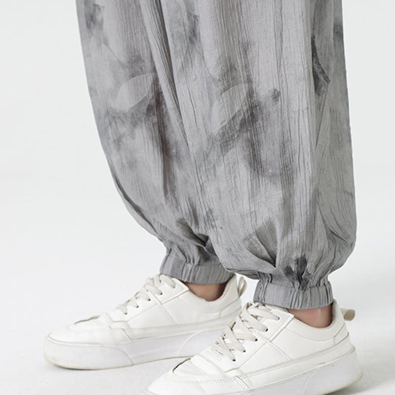 Pantaloni da uomo in lino con coulisse intrecciata, motivo floreale Buddha Stones e tasche