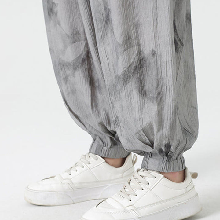 Pantaloni da uomo in lino con coulisse intrecciata, motivo floreale Buddha Stones e tasche