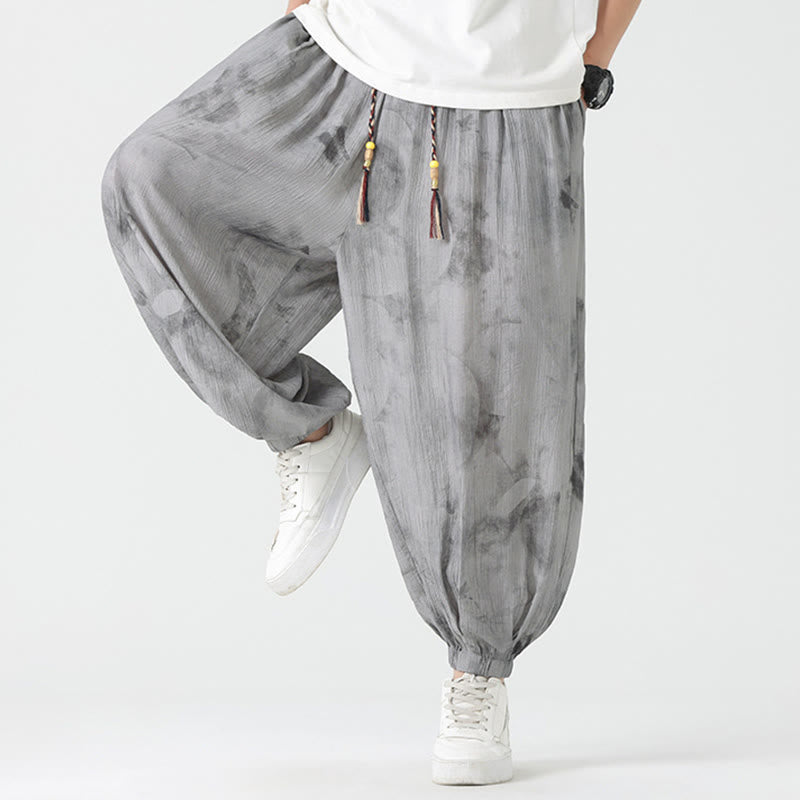 Pantaloni da uomo in lino con coulisse intrecciata, motivo floreale Buddha Stones e tasche - image 7