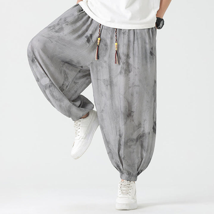 Pantaloni da uomo in lino con coulisse intrecciata, motivo floreale Buddha Stones e tasche - image 7