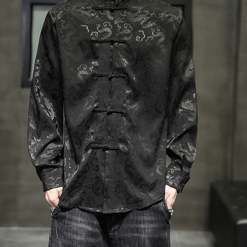 Buddha Stones Casual Dragon Pattern Frog-button Tang Suit Lino Giacca Camicia Uomo