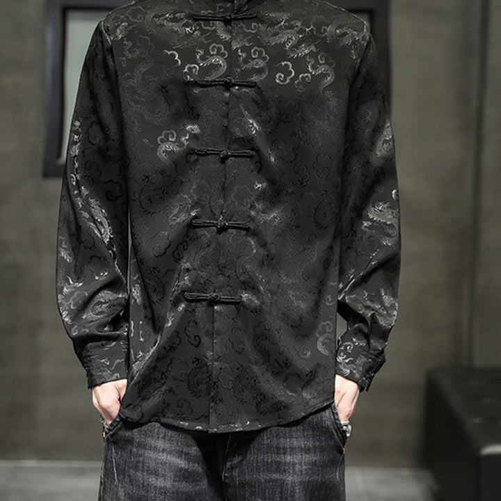 Buddha Stones Casual Dragon Pattern Frog-button Tang Suit Lino Giacca Camicia Uomo