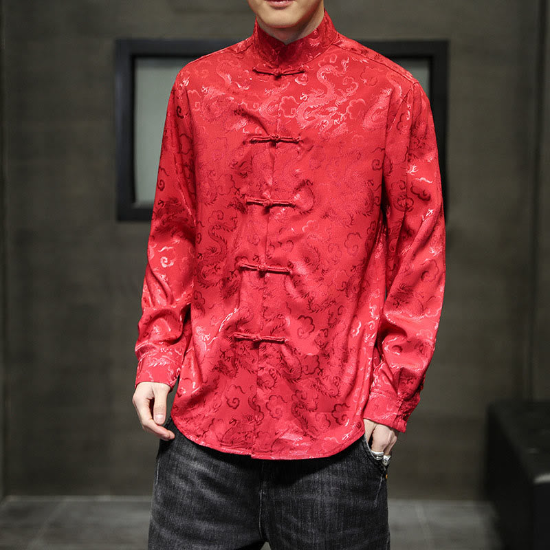 Buddha Stones Casual Dragon Pattern Frog-button Tang Suit Lino Giacca Camicia Uomo