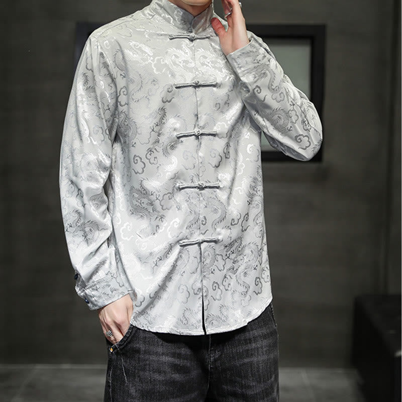 Buddha Stones Casual Dragon Pattern Frog-button Tang Suit Lino Giacca Camicia Uomo