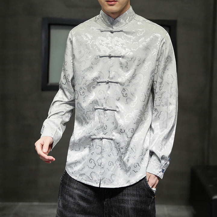 Buddha Stones Casual Dragon Pattern Frog-button Tang Suit Lino Giacca Camicia Uomo - image 24