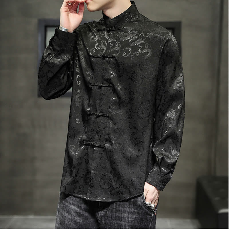 Buddha Stones Casual Dragon Pattern Frog-button Tang Suit Lino Giacca Camicia Uomo
