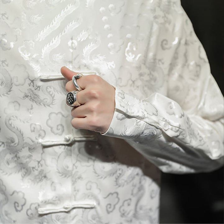 Buddha Stones Casual Dragon Pattern Frog-button Tang Suit Lino Giacca Camicia Uomo - image 20