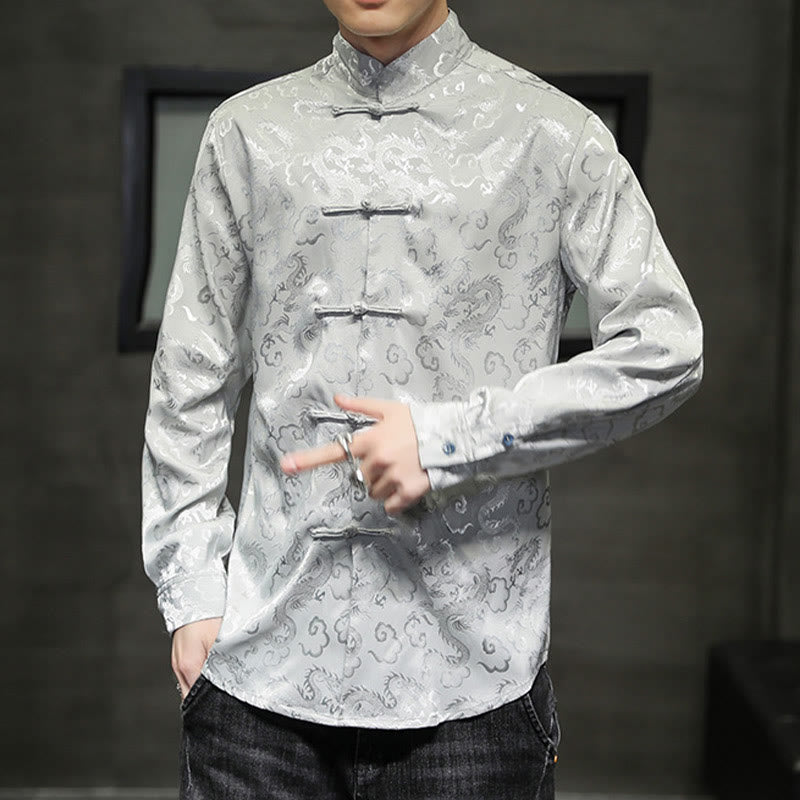 Buddha Stones Casual Dragon Pattern Frog-button Tang Suit Lino Giacca Camicia Uomo