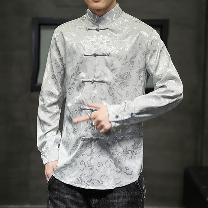 Buddha Stones Casual Dragon Pattern Frog-button Tang Suit Lino Giacca Camicia Uomo