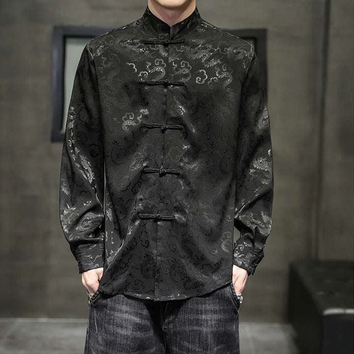 Buddha Stones Casual Dragon Pattern Frog-button Tang Suit Lino Giacca Camicia Uomo