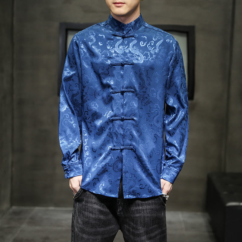 Buddha Stones Casual Dragon Pattern Frog-button Tang Suit Lino Giacca Camicia Uomo
