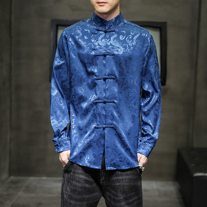 Buddha Stones Casual Dragon Pattern Frog-button Tang Suit Lino Giacca Camicia Uomo