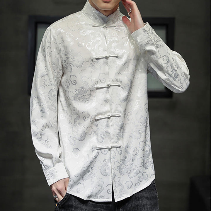 Buddha Stones Casual Dragon Pattern Frog-button Tang Suit Lino Giacca Camicia Uomo