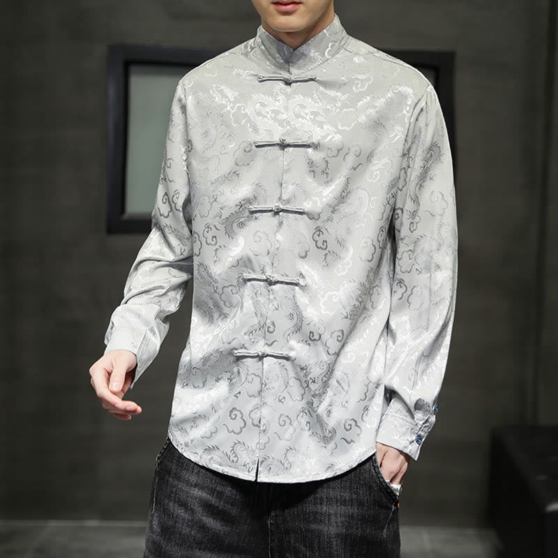 Buddha Stones Casual Dragon Pattern Frog-button Tang Suit Lino Giacca Camicia Uomo