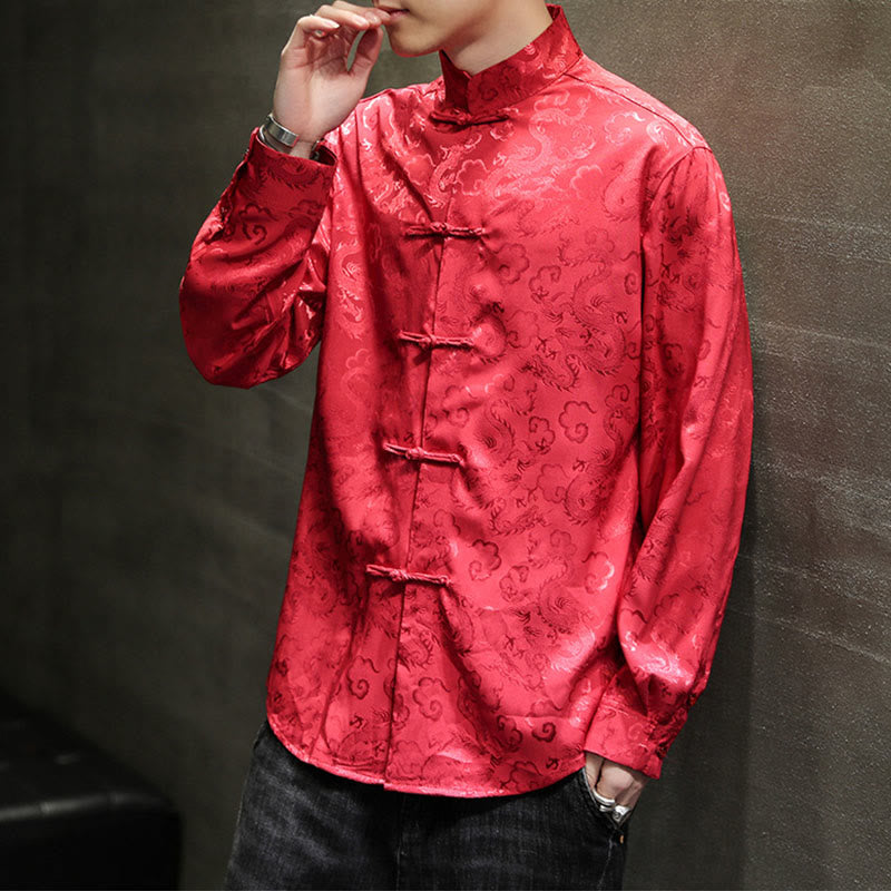 Buddha Stones Casual Dragon Pattern Frog-button Tang Suit Lino Giacca Camicia Uomo