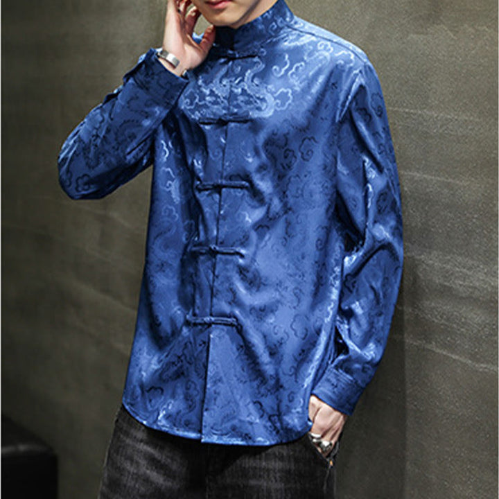 Buddha Stones Casual Dragon Pattern Frog-button Tang Suit Lino Giacca Camicia Uomo